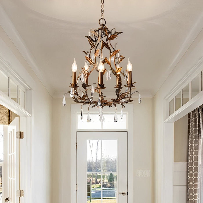 Gold Vintage Leaf Branch Crystal Chandelier - Iron Art Ceiling Light, Adjustable Hanging