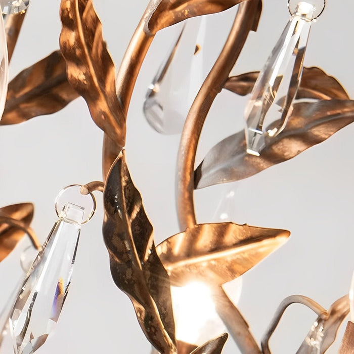 Gold Vintage Leaf Branch Crystal Chandelier - Iron Art Ceiling Light, Adjustable Hanging