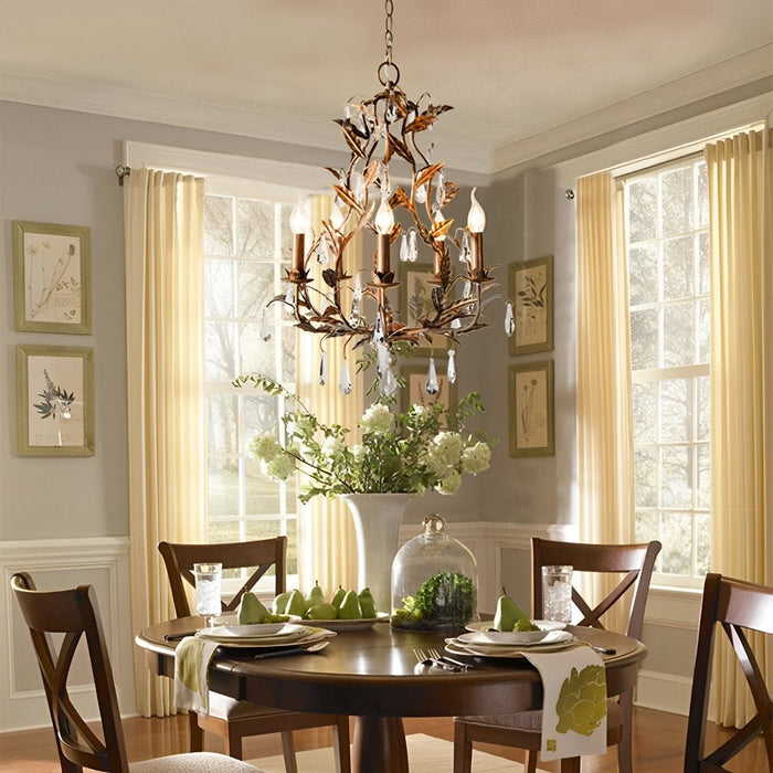 Gold Vintage Leaf Branch Crystal Chandelier - Iron Art Ceiling Light, Adjustable Hanging