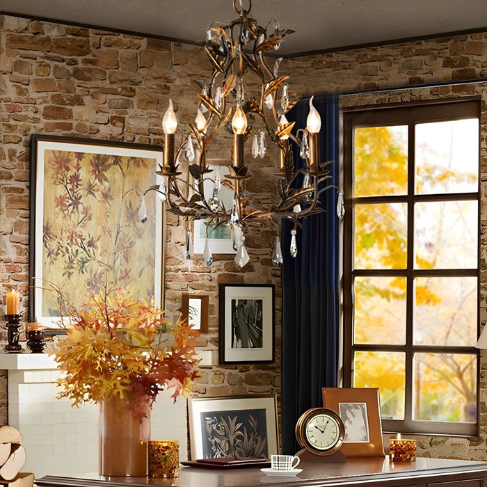 Gold Vintage Leaf Branch Crystal Chandelier - Iron Art Ceiling Light, Adjustable Hanging