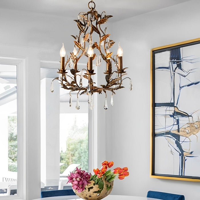 Gold Vintage Leaf Branch Crystal Chandelier - Iron Art Ceiling Light, Adjustable Hanging