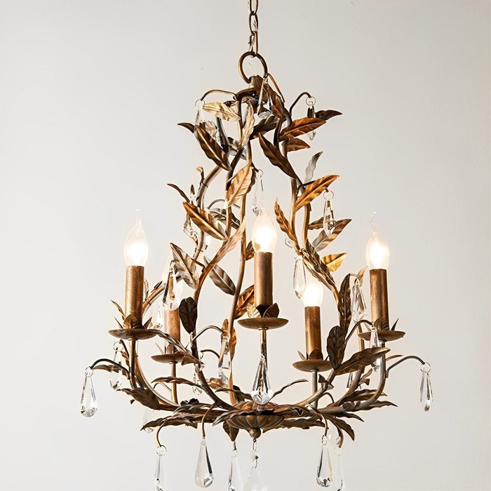Gold Vintage Leaf Branch Crystal Chandelier - Iron Art Ceiling Light, Adjustable Hanging