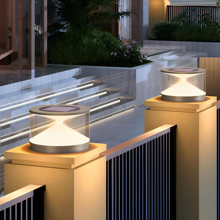 Hourglass Outdoor Post Light - Solar Powered, Waterproof, Modern Design, Stainless Steel - Gray