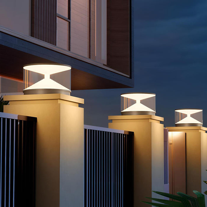 Hourglass Outdoor Post Light - Solar Powered, Waterproof, Modern Design, Stainless Steel - Gray