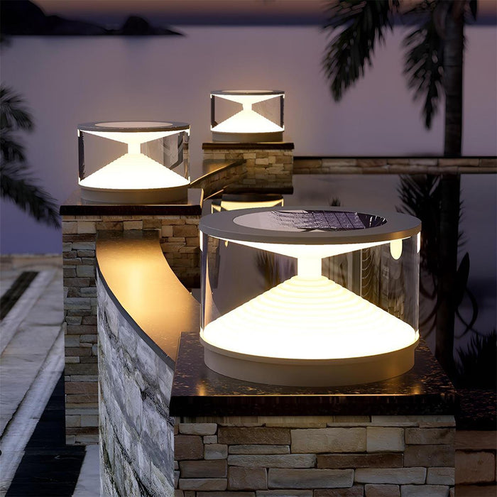 Hourglass Outdoor Post Light - Solar Powered, Waterproof, Modern Design, Stainless Steel - Gray