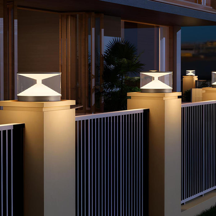Hourglass Outdoor Post Light - Solar Powered, Waterproof, Modern Design, Stainless Steel - Gray