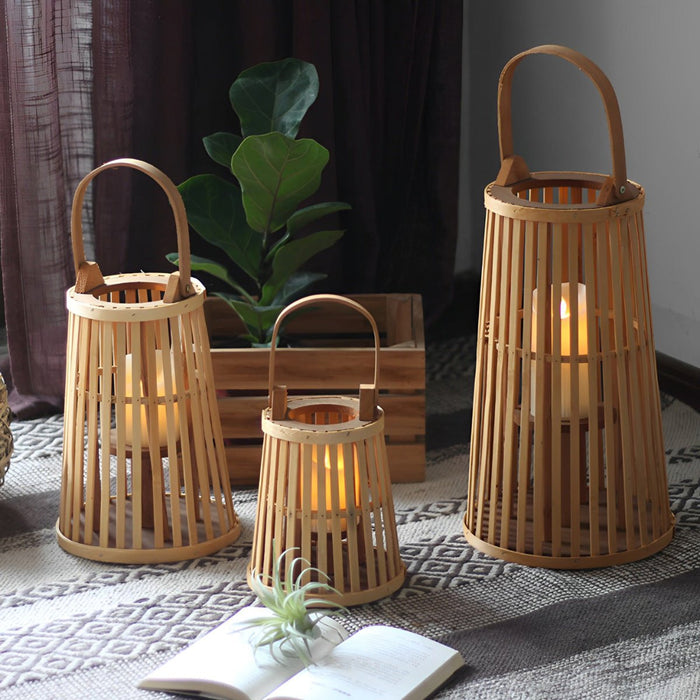Handmade Bamboo Rattan LED Candle Lantern - Rustic Nordic Floor Lamp, Table Lamp, Hanging Decor Light for Indoor/Outdoor Ambiance