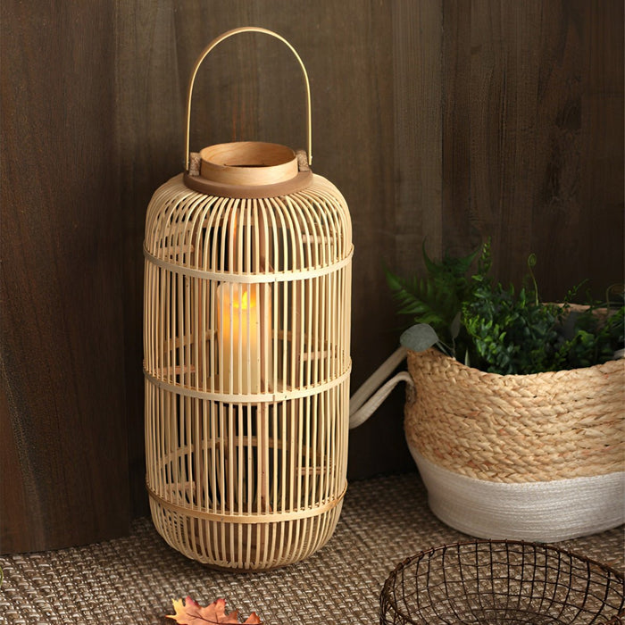 Handmade Bamboo Weaving LED Candle Lantern Floor Lamp - Indoor/Outdoor, Rustic Farmhouse Decor, Ambient Light
