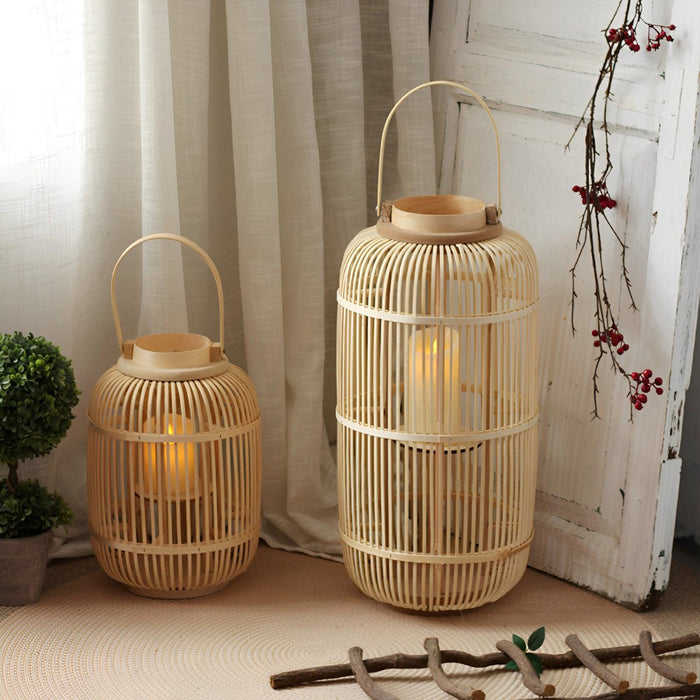 Handmade Bamboo Weaving LED Candle Lantern Floor Lamp - Indoor/Outdoor, Rustic Farmhouse Decor, Ambient Light