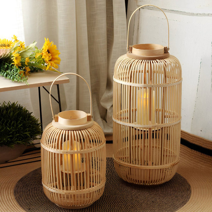 Handmade Bamboo Weaving LED Candle Lantern Floor Lamp - Indoor/Outdoor, Rustic Farmhouse Decor, Ambient Light