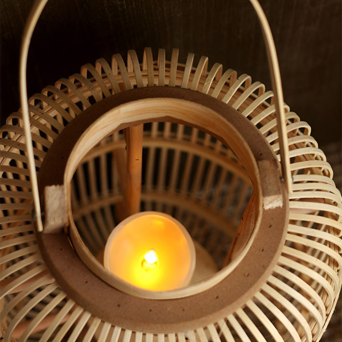 Handmade Bamboo Weaving LED Candle Lantern Floor Lamp - Indoor/Outdoor, Rustic Farmhouse Decor, Ambient Light