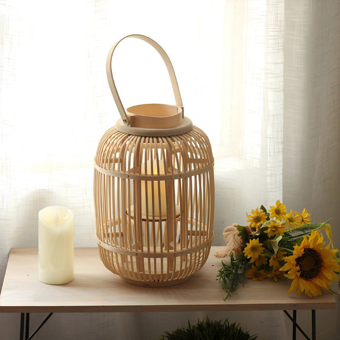 Handmade Bamboo Weaving LED Candle Lantern Floor Lamp - Indoor/Outdoor, Rustic Farmhouse Decor, Ambient Light