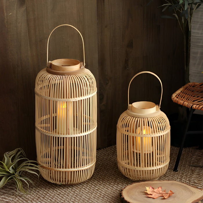 Handmade Bamboo Weaving LED Candle Lantern Floor Lamp - Indoor/Outdoor, Rustic Farmhouse Decor, Ambient Light