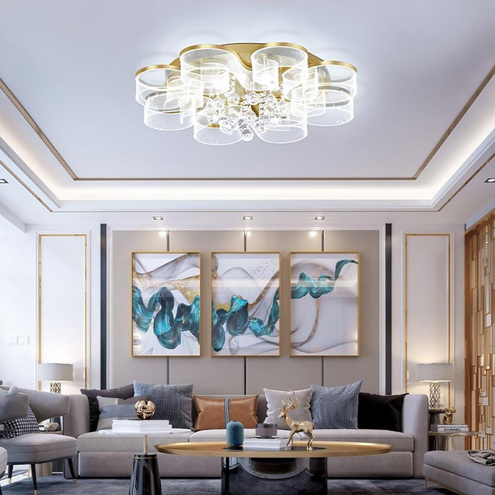 Waved Pattern Flush Mount Ceiling Light Ornate Metal Crystal LED Light