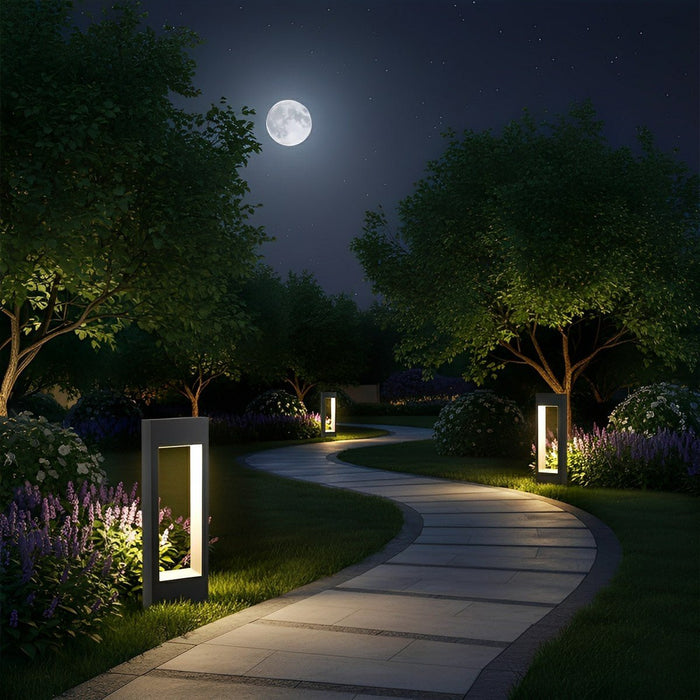 Hollow Square Outdoor Lawn Light - Waterproof LED Post Light, Black Modern Garden Lamp