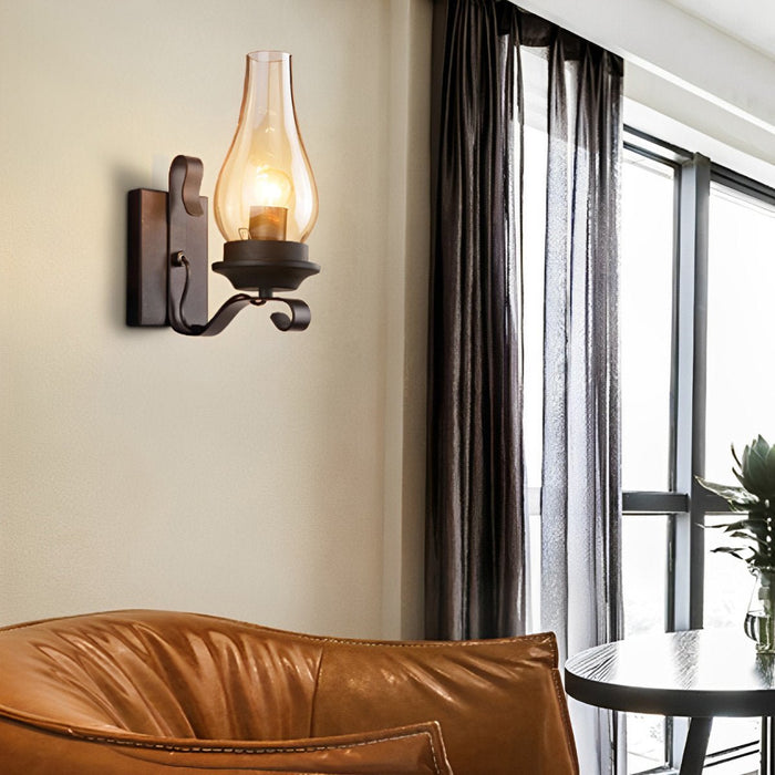 Kerosene Oil Lamp Wall Sconce - Vintage Industrial LED Fixture - Iron Glass Design