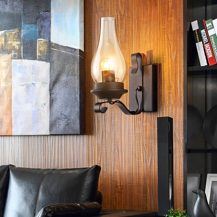 Kerosene Oil Lamp Wall Sconce - Vintage Industrial LED Fixture - Iron Glass Design