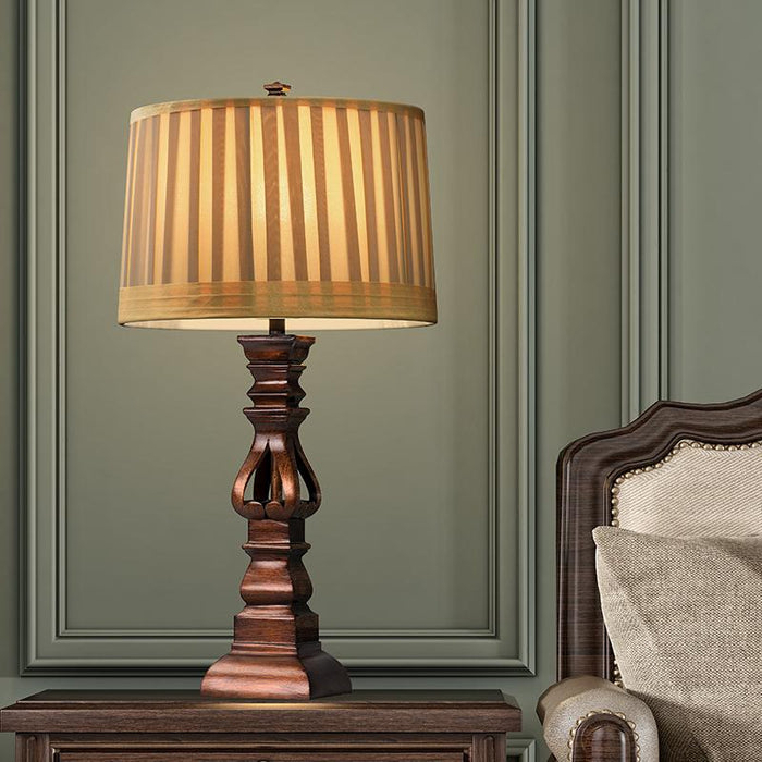 Pleated Drum Shade Table Lamp Rustic Resin Brown Night Stand Light