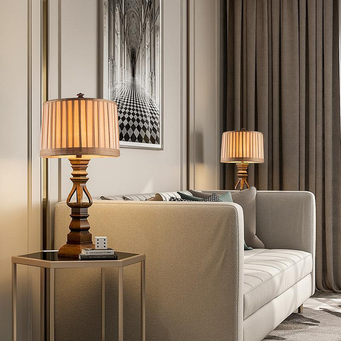 Pleated Drum Shade Table Lamp Rustic Resin Brown Night Stand Light