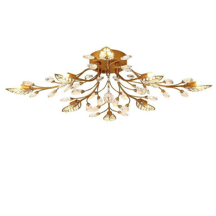 Vintage Crystal Branches Leaf Semi-Flush Mount Chandelier | 8-Light LED. 31.19'' Wide. Antique Brass