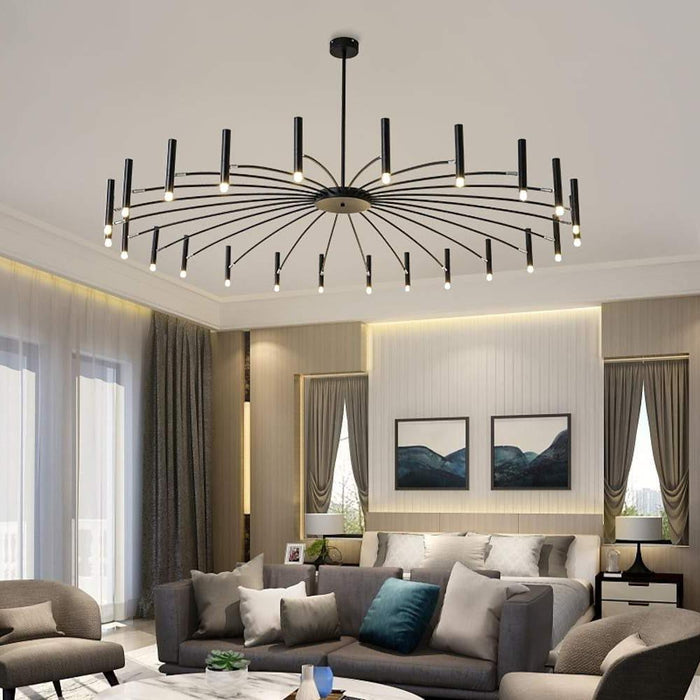 Modern 24-light Streamlined Round Chandelier - 24 LED Bulbs. 63'' Dia. Adjustable Height. Black Finish