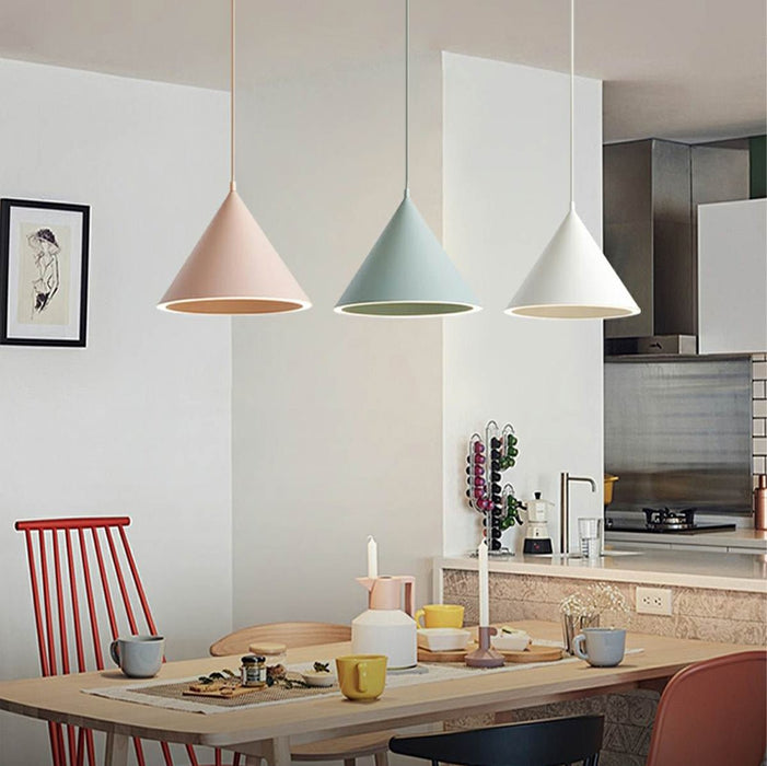 Conical LED Macaron Color Nordic Pendant Light - Modern Ceiling Fixture, Adjustable Height, Kitchen Island Dining Room Accent