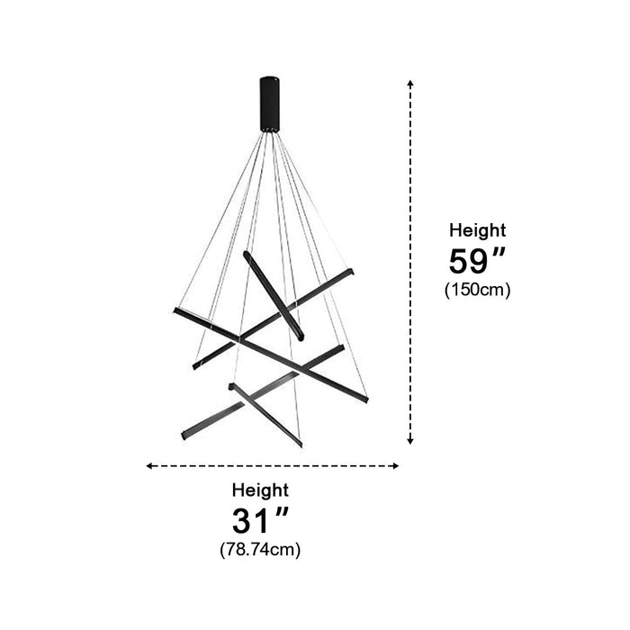 Stepless Dimming LED Chandelier, Modern Black Strip Pendant Light for Living Room/Bedroom/Villa, Adjustable Height