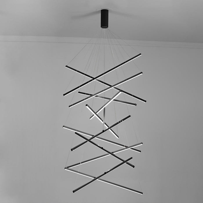 Stepless Dimming LED Chandelier, Modern Black Strip Pendant Light for Living Room/Bedroom/Villa, Adjustable Height
