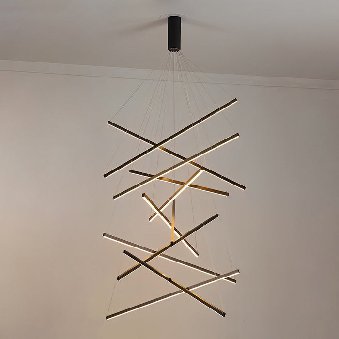 Stepless Dimming LED Chandelier, Modern Black Strip Pendant Light for Living Room/Bedroom/Villa, Adjustable Height