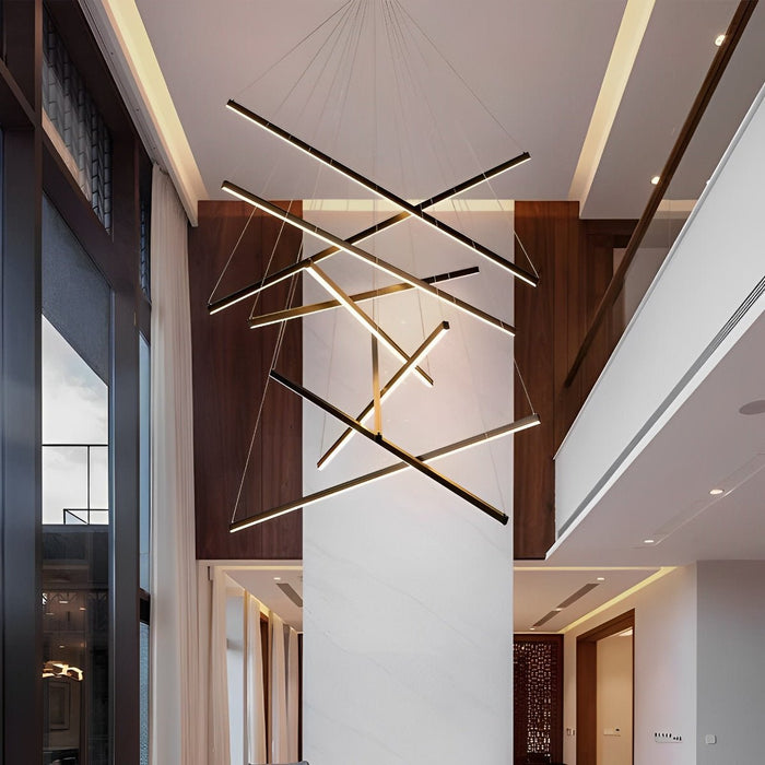 Stepless Dimming LED Chandelier, Modern Black Strip Pendant Light for Living Room/Bedroom/Villa, Adjustable Height