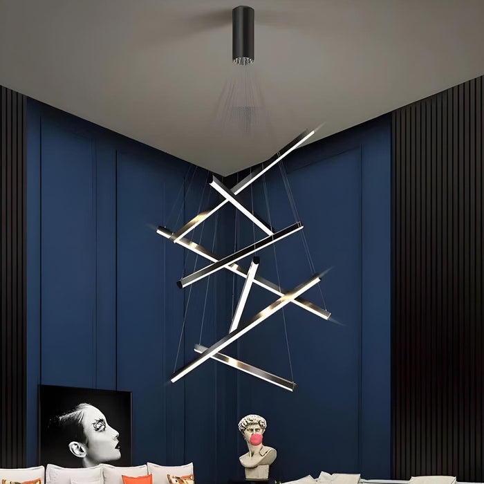 Stepless Dimming LED Chandelier, Modern Black Strip Pendant Light for Living Room/Bedroom/Villa, Adjustable Height