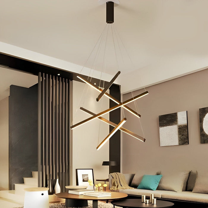 Stepless Dimming LED Chandelier, Modern Black Strip Pendant Light for Living Room/Bedroom/Villa, Adjustable Height