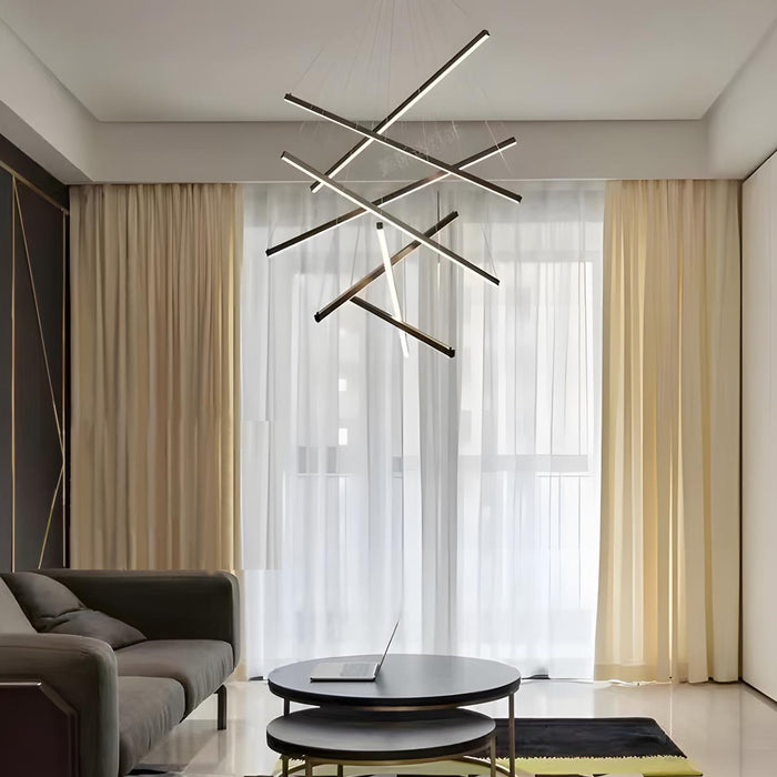 Stepless Dimming LED Chandelier, Modern Black Strip Pendant Light for Living Room/Bedroom/Villa, Adjustable Height