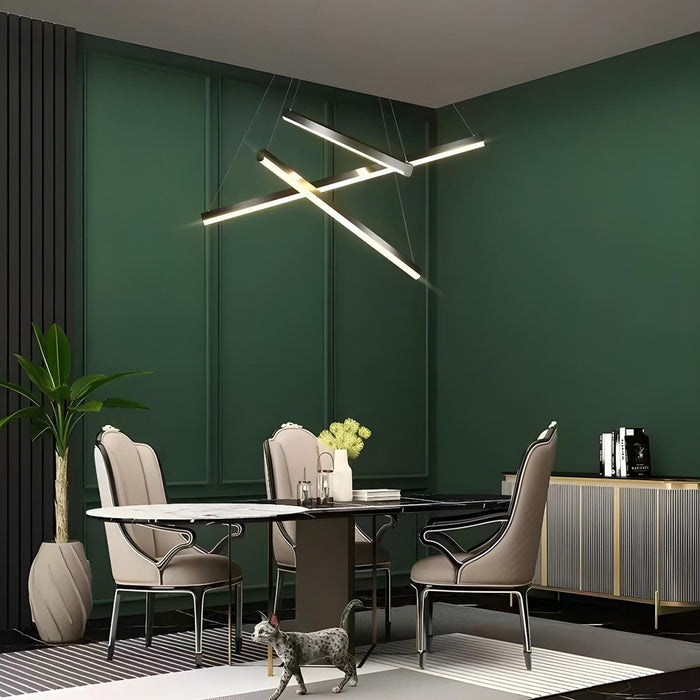Stepless Dimming LED Chandelier, Modern Black Strip Pendant Light for Living Room/Bedroom/Villa, Adjustable Height
