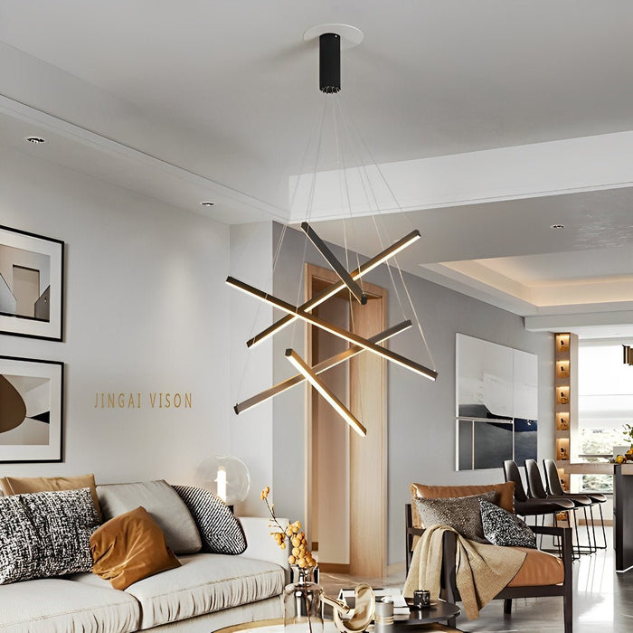 Stepless Dimming LED Chandelier, Modern Black Strip Pendant Light for Living Room/Bedroom/Villa, Adjustable Height