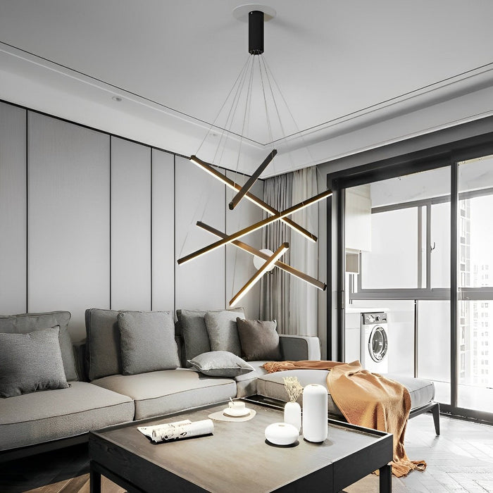 Stepless Dimming LED Chandelier, Modern Black Strip Pendant Light for Living Room/Bedroom/Villa, Adjustable Height