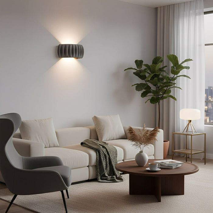 Modern Arc Cement Wall Sconce - Up/Down LED Indoor Light, Architectural Accent
