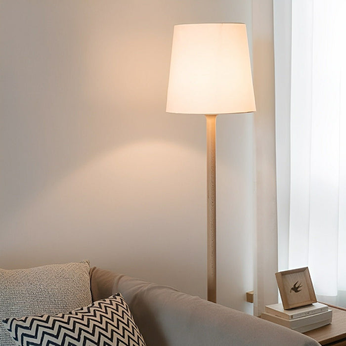 Beech Wood LED Floor Lamp, Fabric Drum Shade, Adjustable Brightness for Living Room/Bedroom/Office