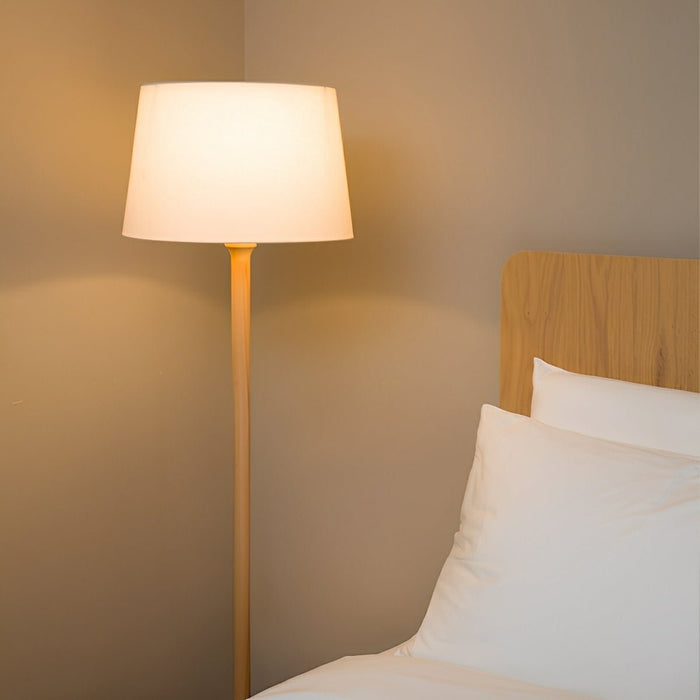 Beech Wood LED Floor Lamp, Fabric Drum Shade, Adjustable Brightness for Living Room/Bedroom/Office