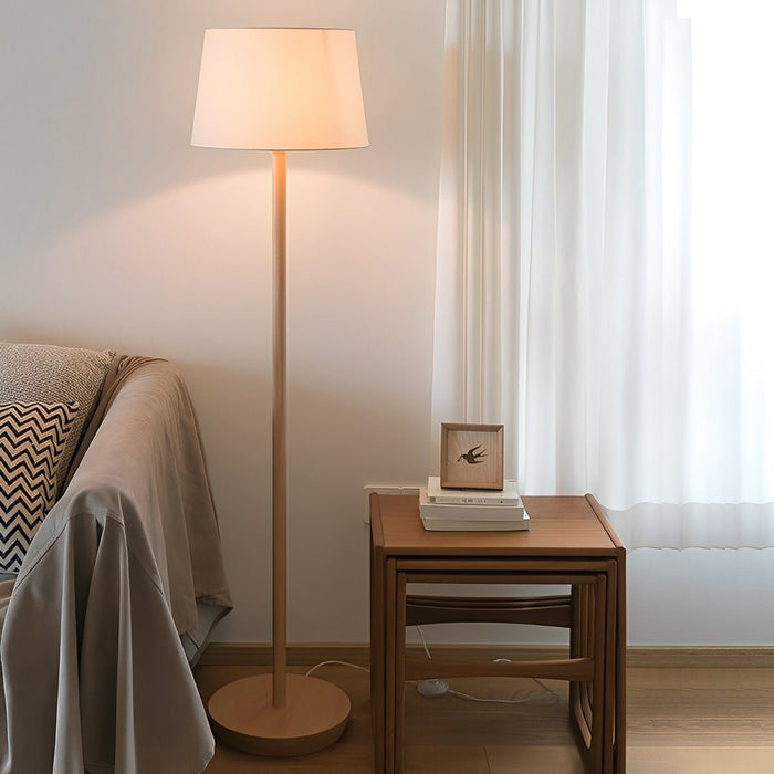 Beech Wood LED Floor Lamp, Fabric Drum Shade, Adjustable Brightness for Living Room/Bedroom/Office