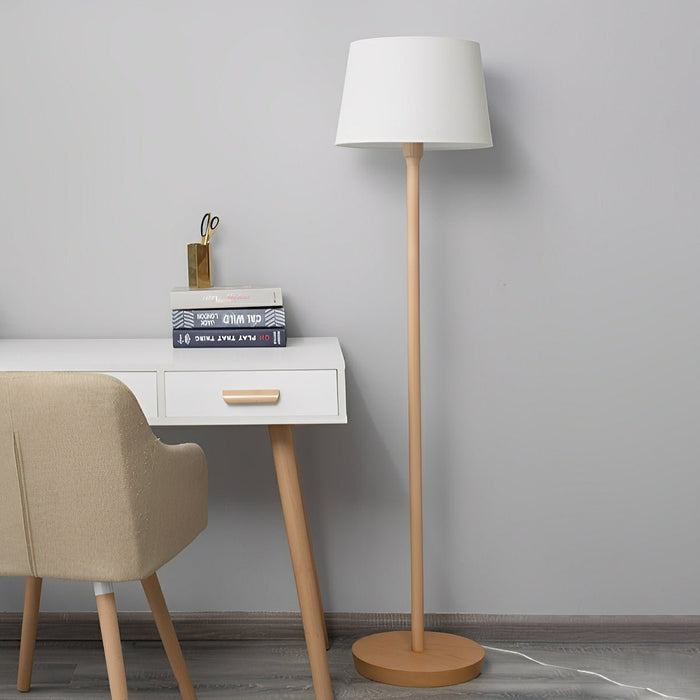 Beech Wood LED Floor Lamp, Fabric Drum Shade, Adjustable Brightness for Living Room/Bedroom/Office