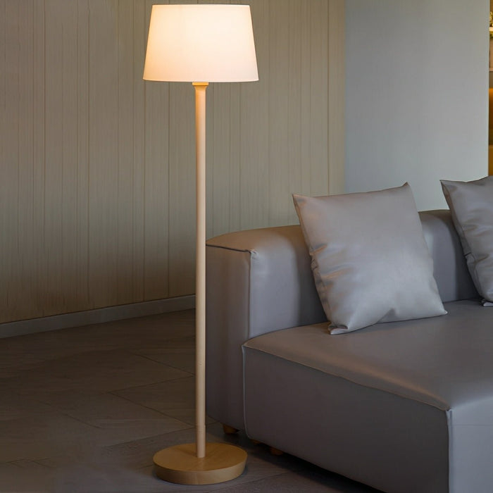 Beech Wood LED Floor Lamp, Fabric Drum Shade, Adjustable Brightness for Living Room/Bedroom/Office