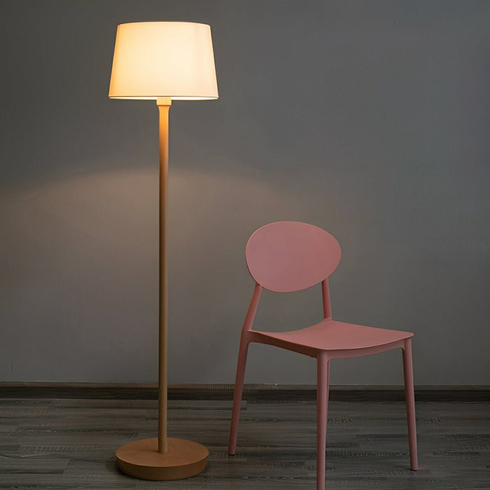 Beech Wood LED Floor Lamp, Fabric Drum Shade, Adjustable Brightness for Living Room/Bedroom/Office