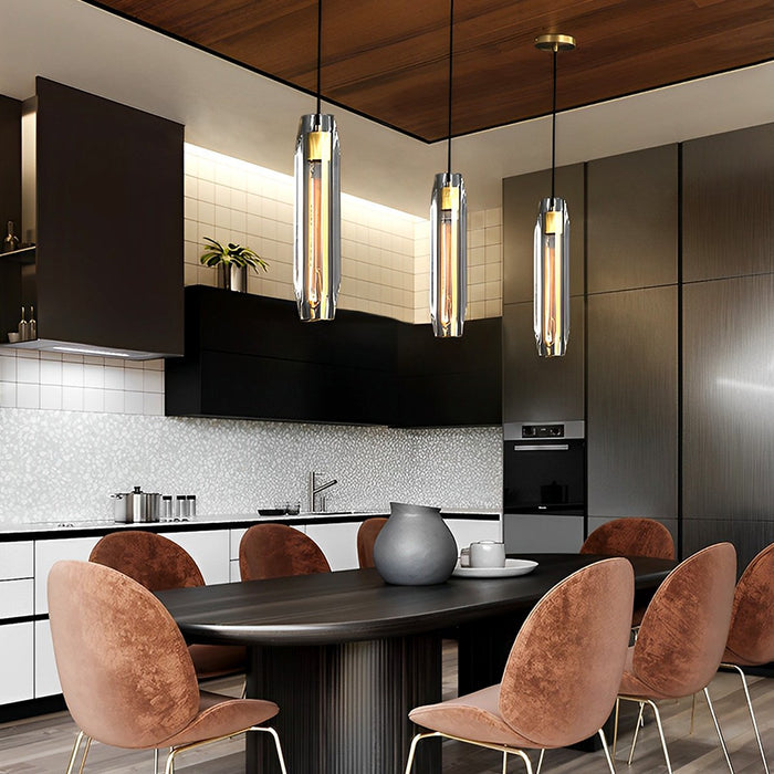 Luxury K9 Crystal Pendant Light, Modern Brass LED Chandelier for Dining Room/Kitchen/Bedroom, Adjustable Hanging Lamp