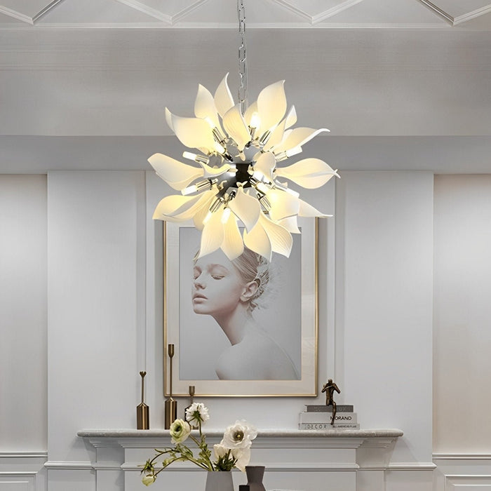 Modern Ceramic Flower Chandelier, Art Petal Pendant Light for Living Room/Dining Room, Adjustable Height, 3 Color Modes