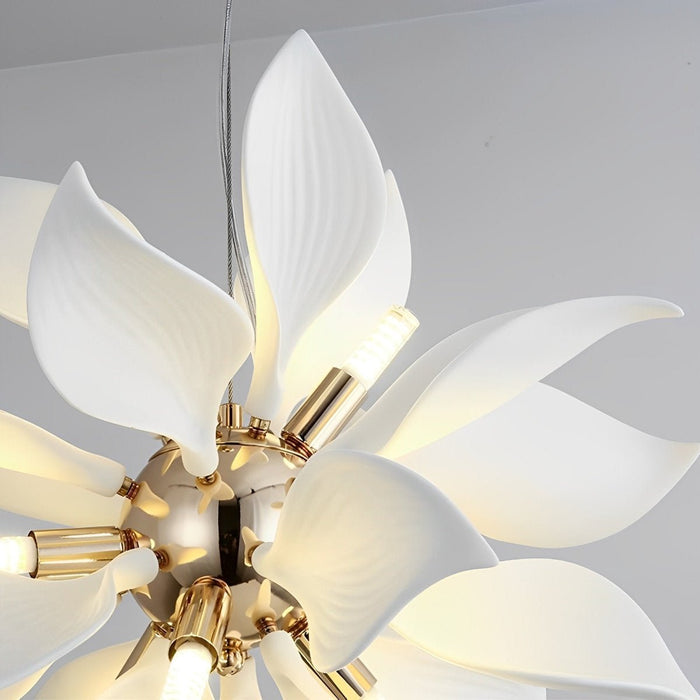 Modern Ceramic Flower Chandelier, Art Petal Pendant Light for Living Room/Dining Room, Adjustable Height, 3 Color Modes