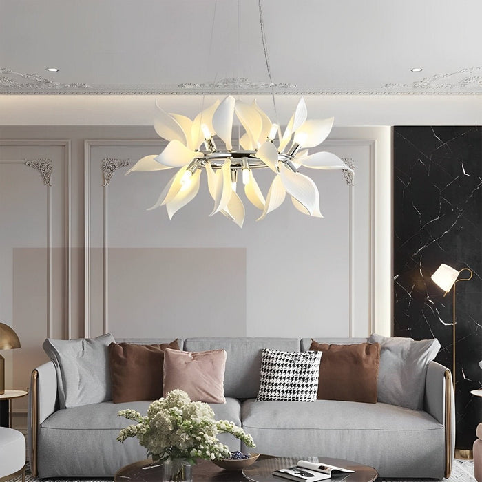 Modern Ceramic Flower Chandelier, Art Petal Pendant Light for Living Room/Dining Room, Adjustable Height, 3 Color Modes