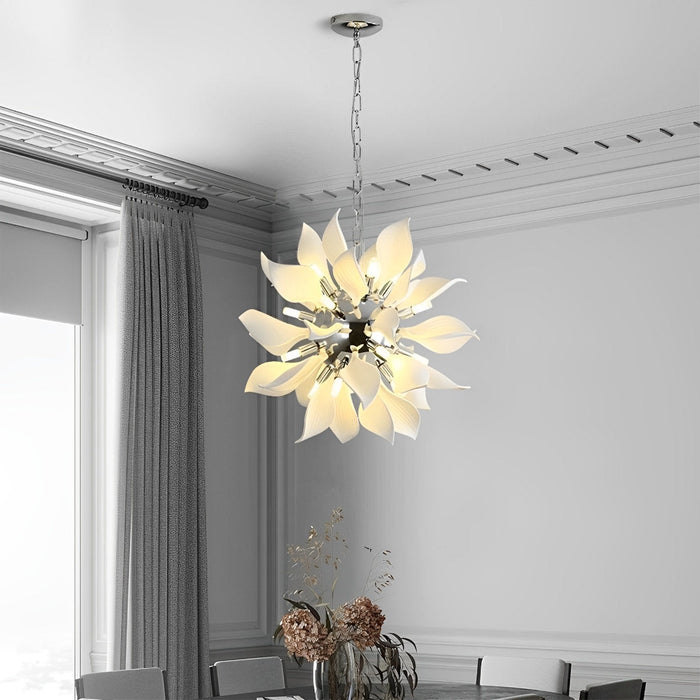 Modern Ceramic Flower Chandelier, Art Petal Pendant Light for Living Room/Dining Room, Adjustable Height, 3 Color Modes
