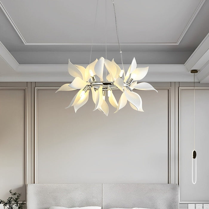 Modern Ceramic Flower Chandelier, Art Petal Pendant Light for Living Room/Dining Room, Adjustable Height, 3 Color Modes