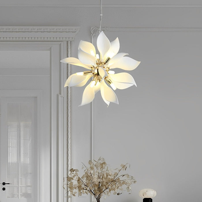 Modern Ceramic Flower Chandelier, Art Petal Pendant Light for Living Room/Dining Room, Adjustable Height, 3 Color Modes